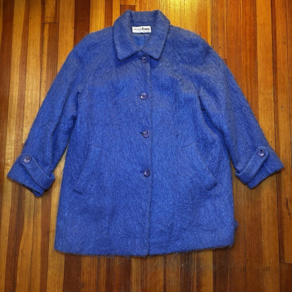 VTG 90s Wayne Evans Cobalt Blue Mohair Wool Shaggy Oversized Swing Coat 14 USA